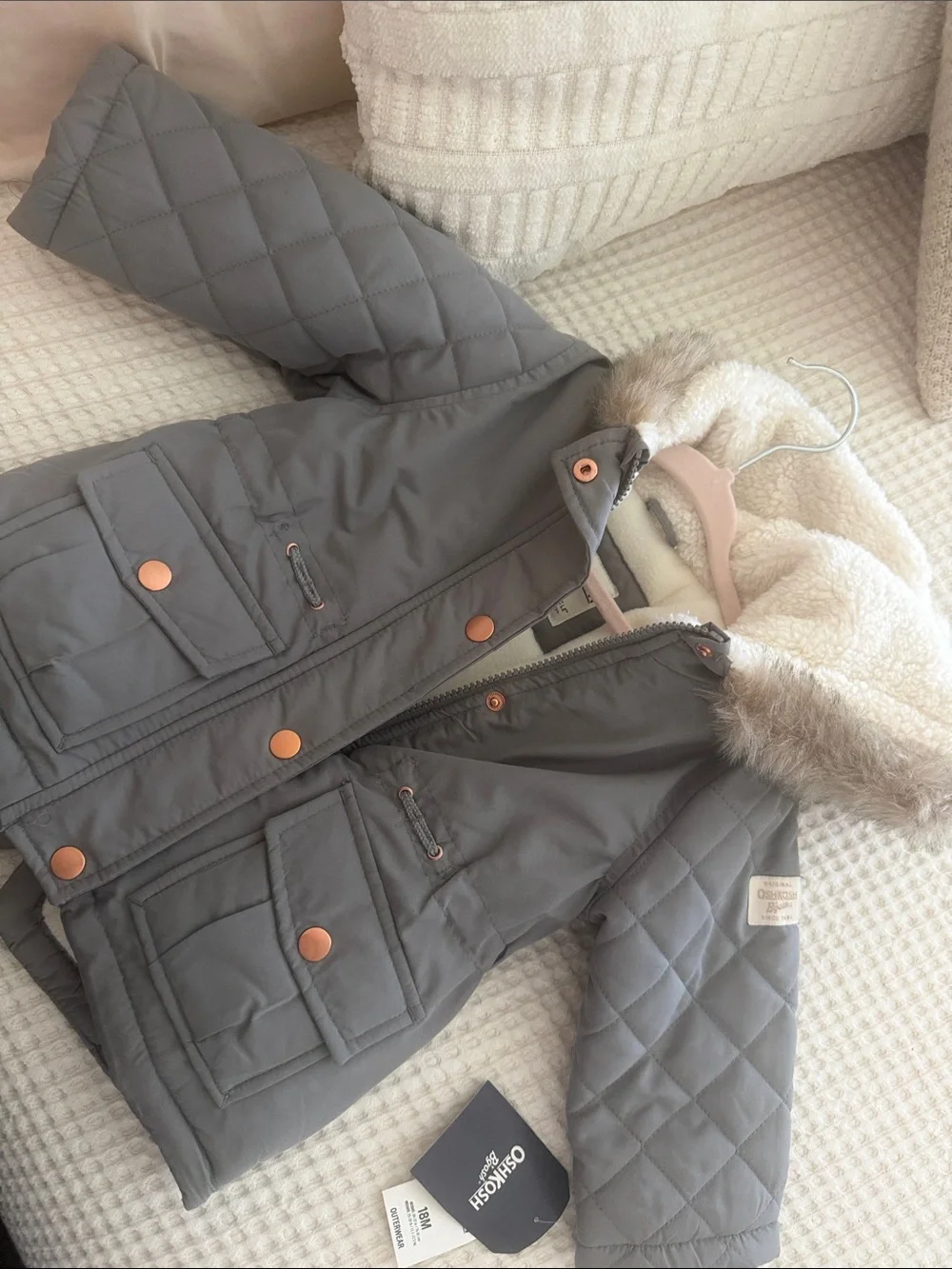 OshKosh B'gosh Quilted Hooded Puffer Jacket in Gray with Faux Fur Trim